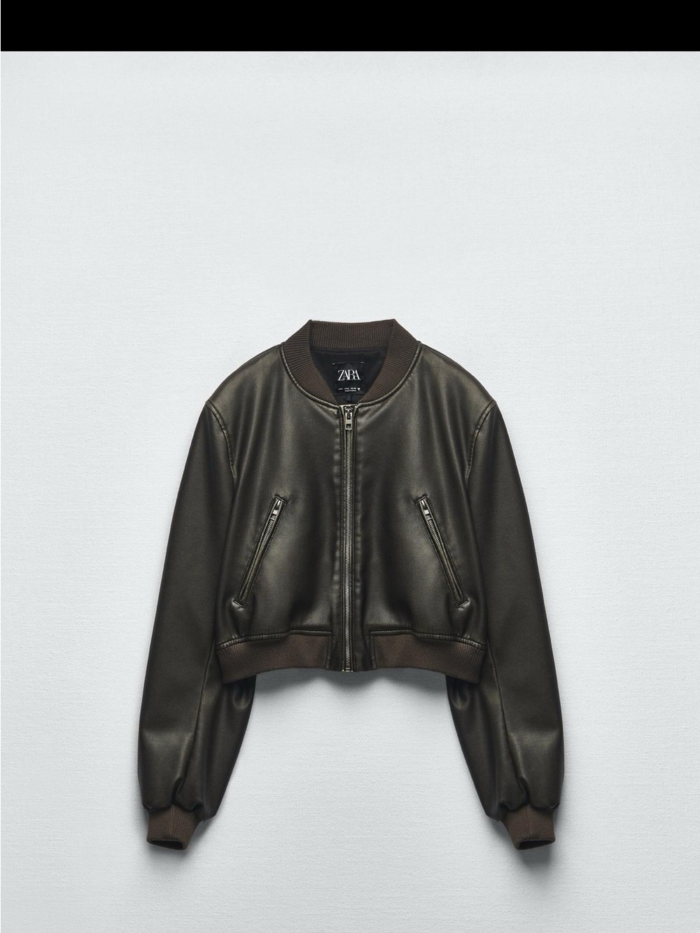 Zara Dark Brown Cropped Faux-Leather Bomber Jacket